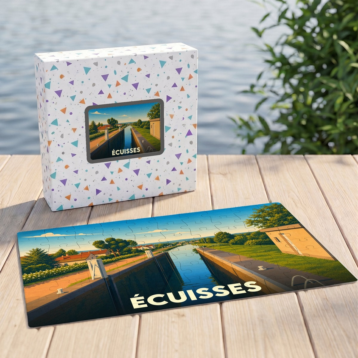 Puzzle souvenir de la ville d'Écuisses représentant une illustration stylisée d'un canal avec ses écluses.