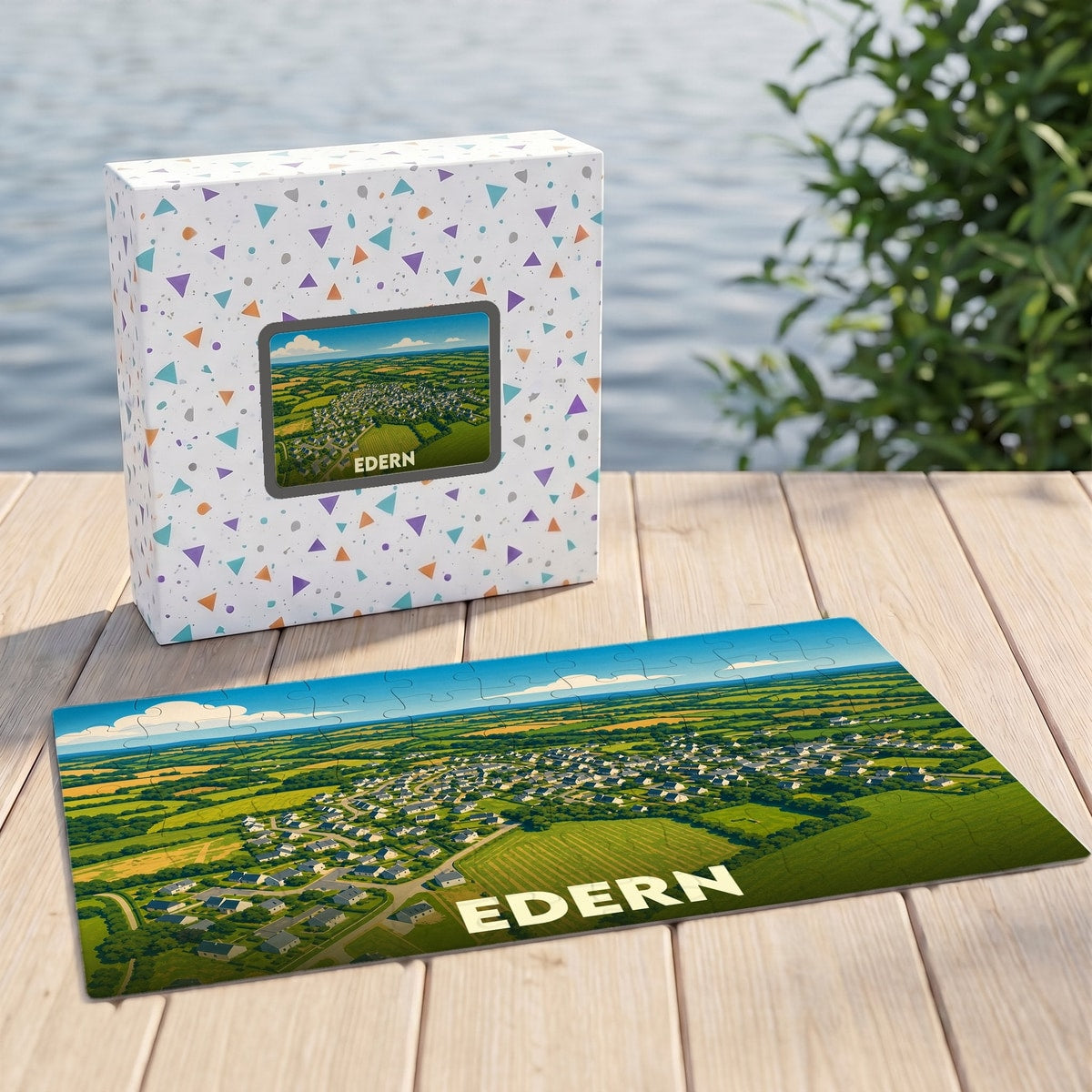 Puzzle souvenir de la ville d'Edern avec une illustration aérienne stylisée.