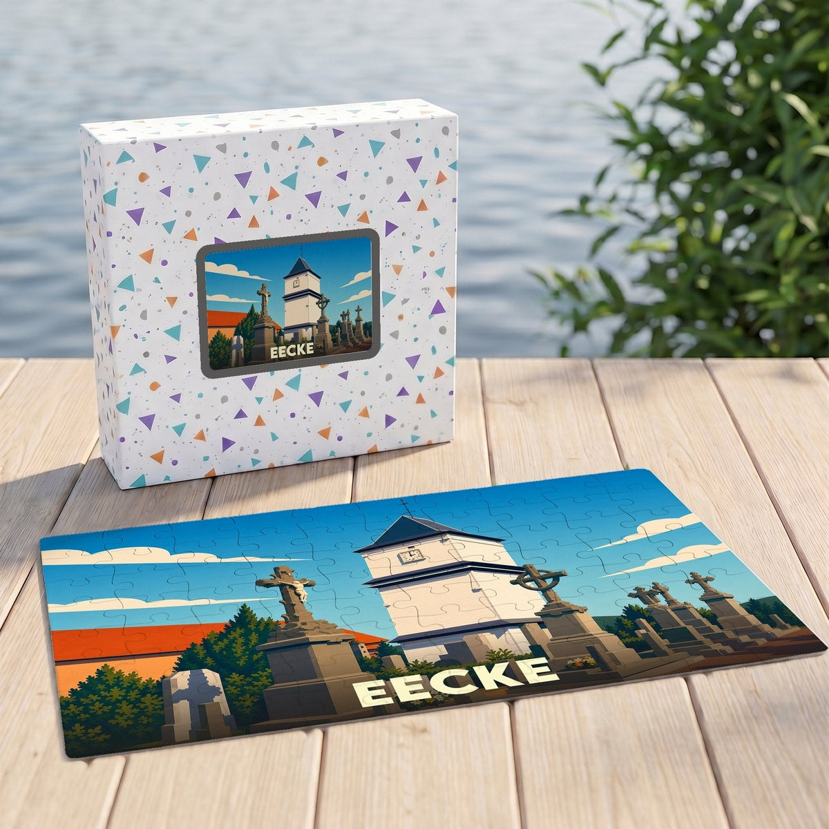Puzzle souvenir de la ville d'Eecke avec une illustration stylisée d'un clocher et de monuments.