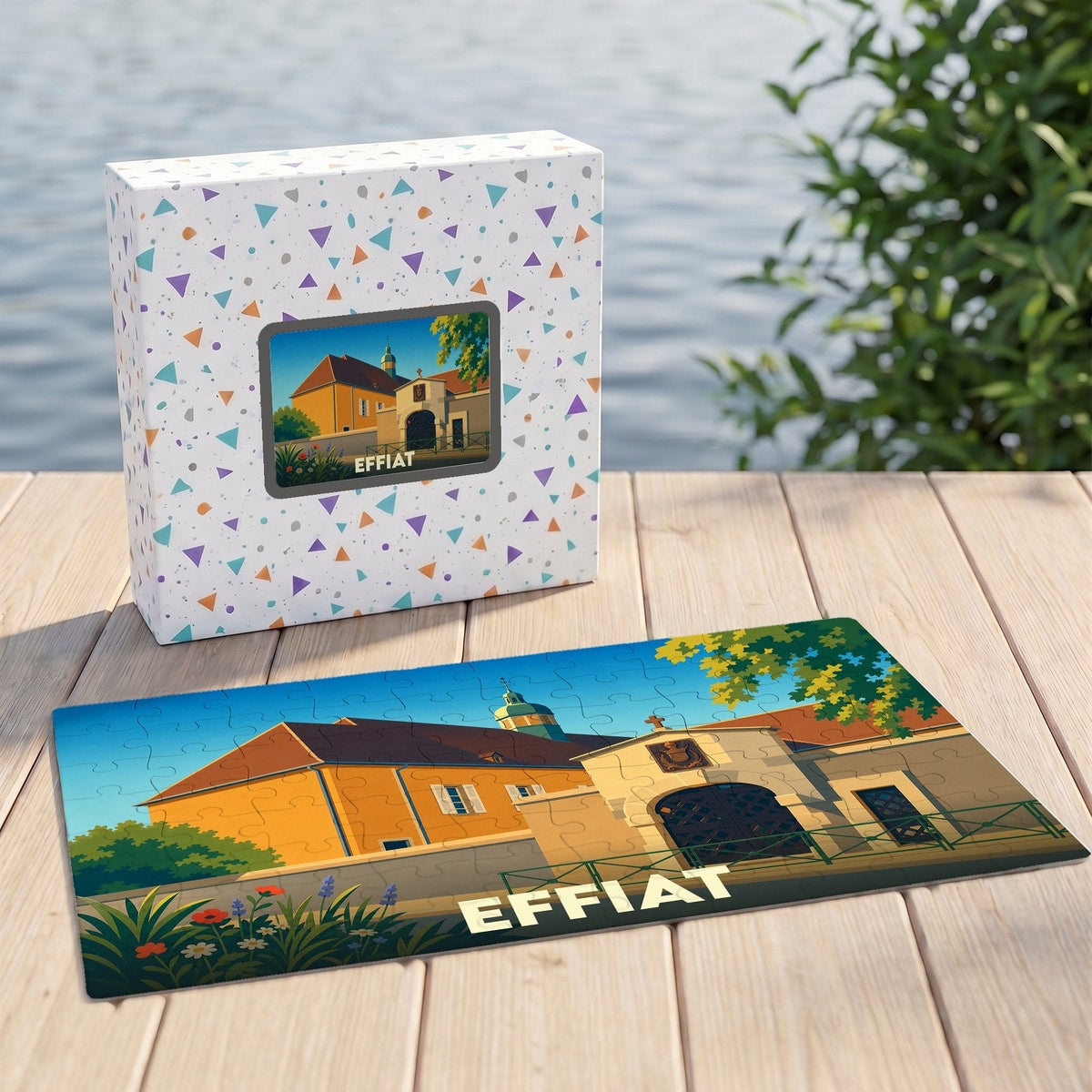 Puzzle souvenir de la ville d'Effiat avec une illustration stylisée d'un bâtiment historique.