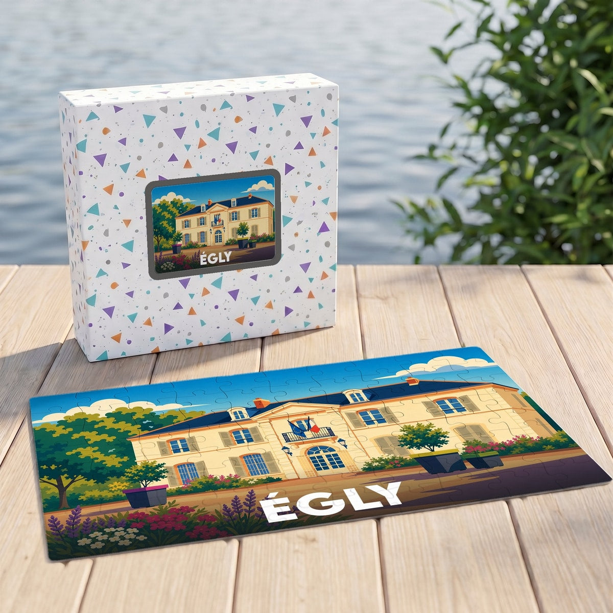 Puzzle souvenir de la ville d'Égly avec une illustration stylisée de sa mairie.