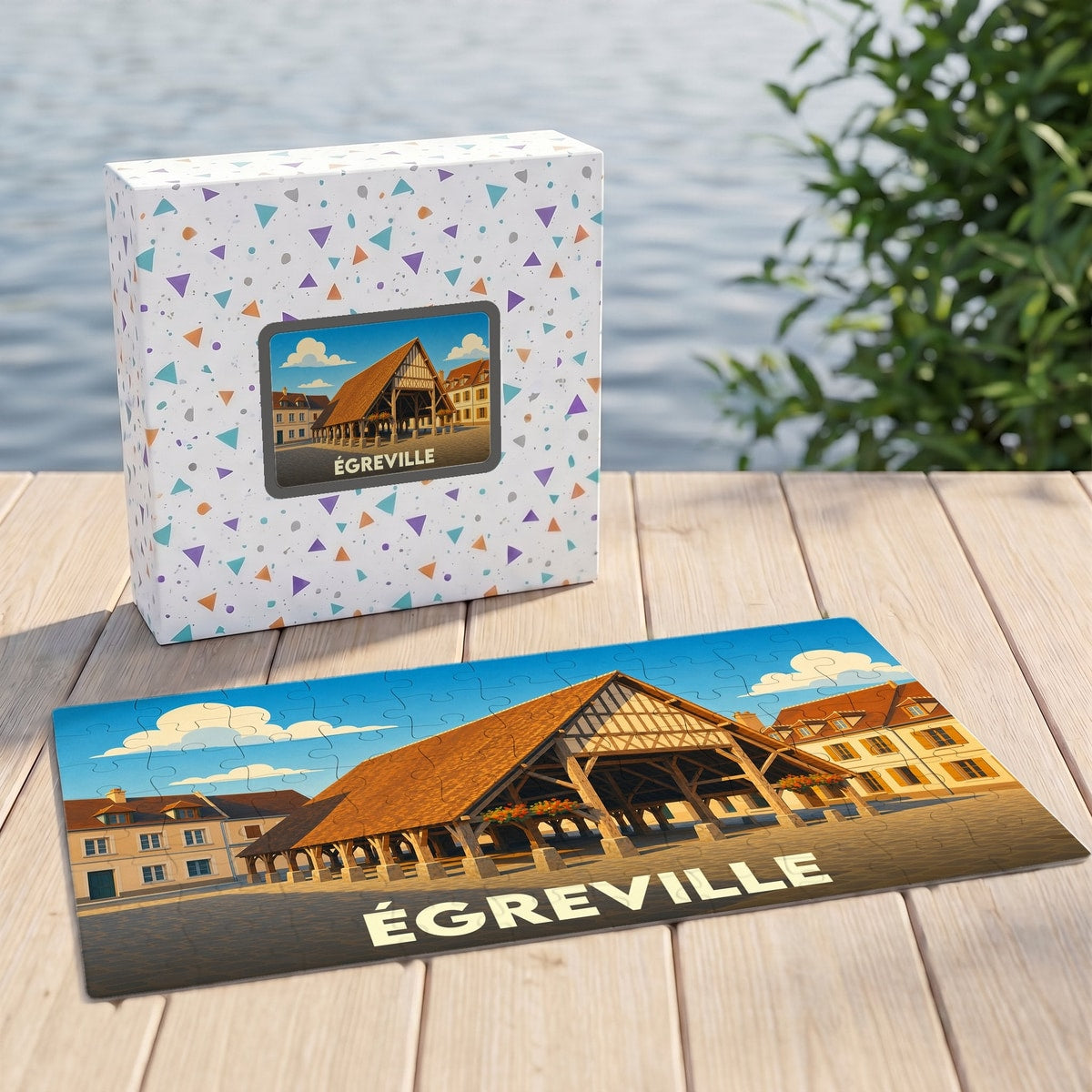 Puzzle souvenir de la ville d'Égreville présentant une illustration stylisée de ses halles historiques.
