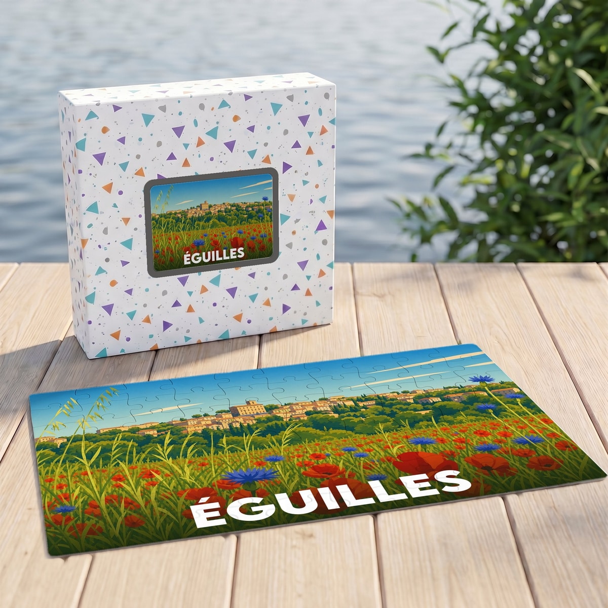 Puzzle souvenir de la ville d'Éguilles présentant une illustration stylisée de champs de coquelicots devant le village.