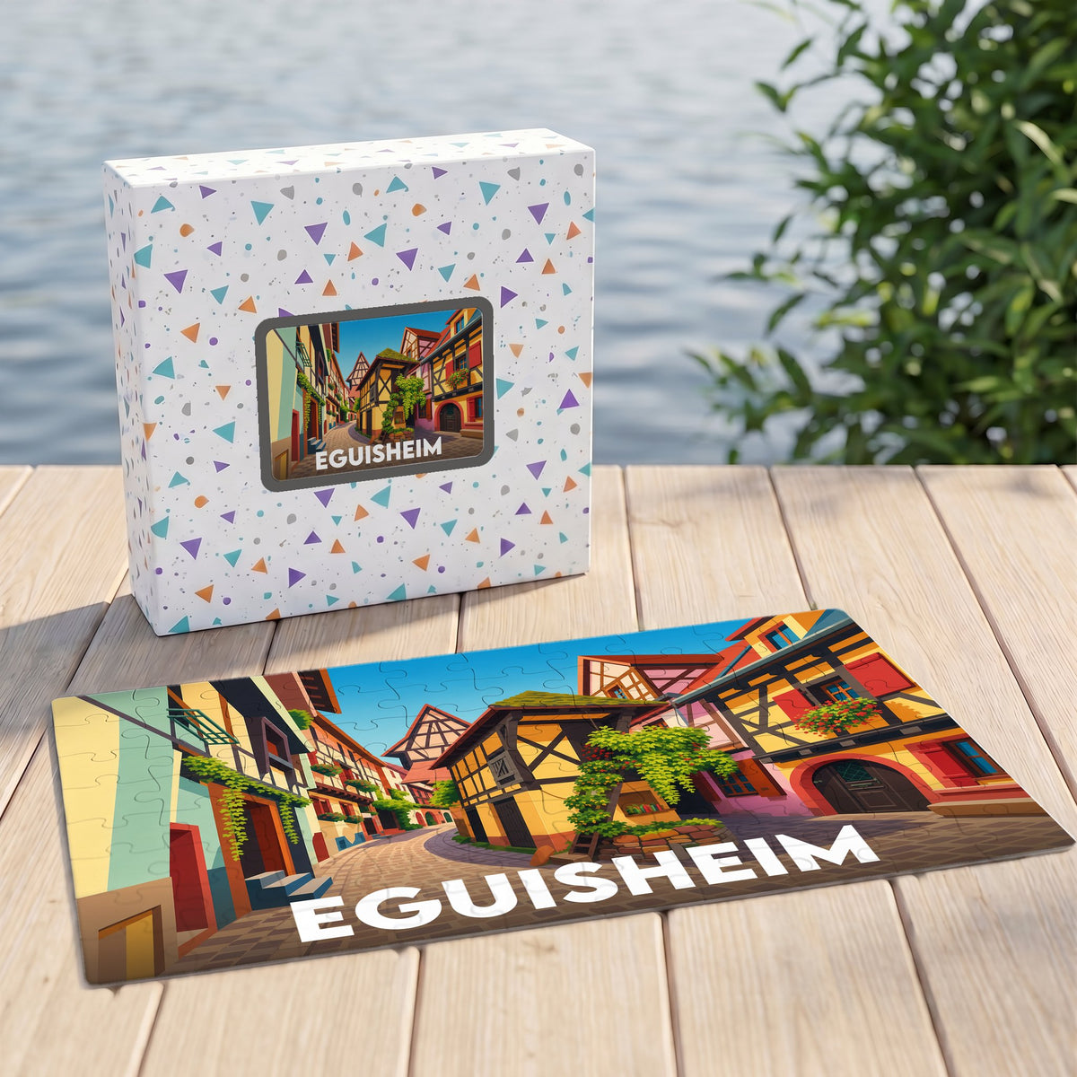 Puzzle souvenir de la ville d'Eguisheim avec une illustration colorée de ses maisons à colombages.