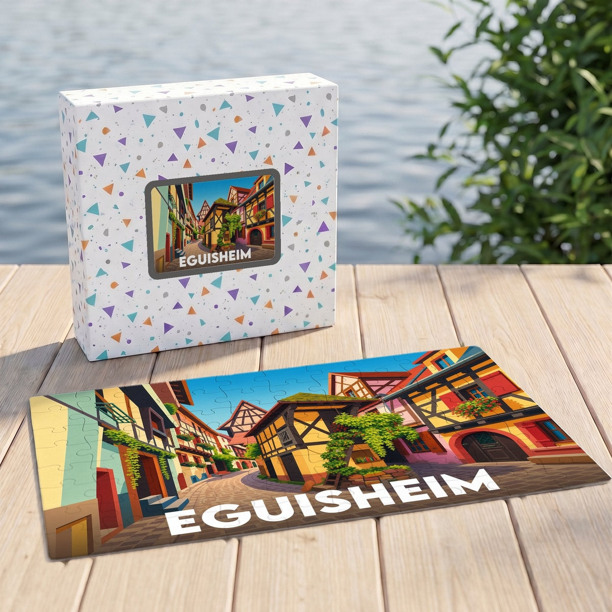 Puzzle souvenir de la ville d'Eguisheim avec une illustration colorée de ses maisons à colombages.