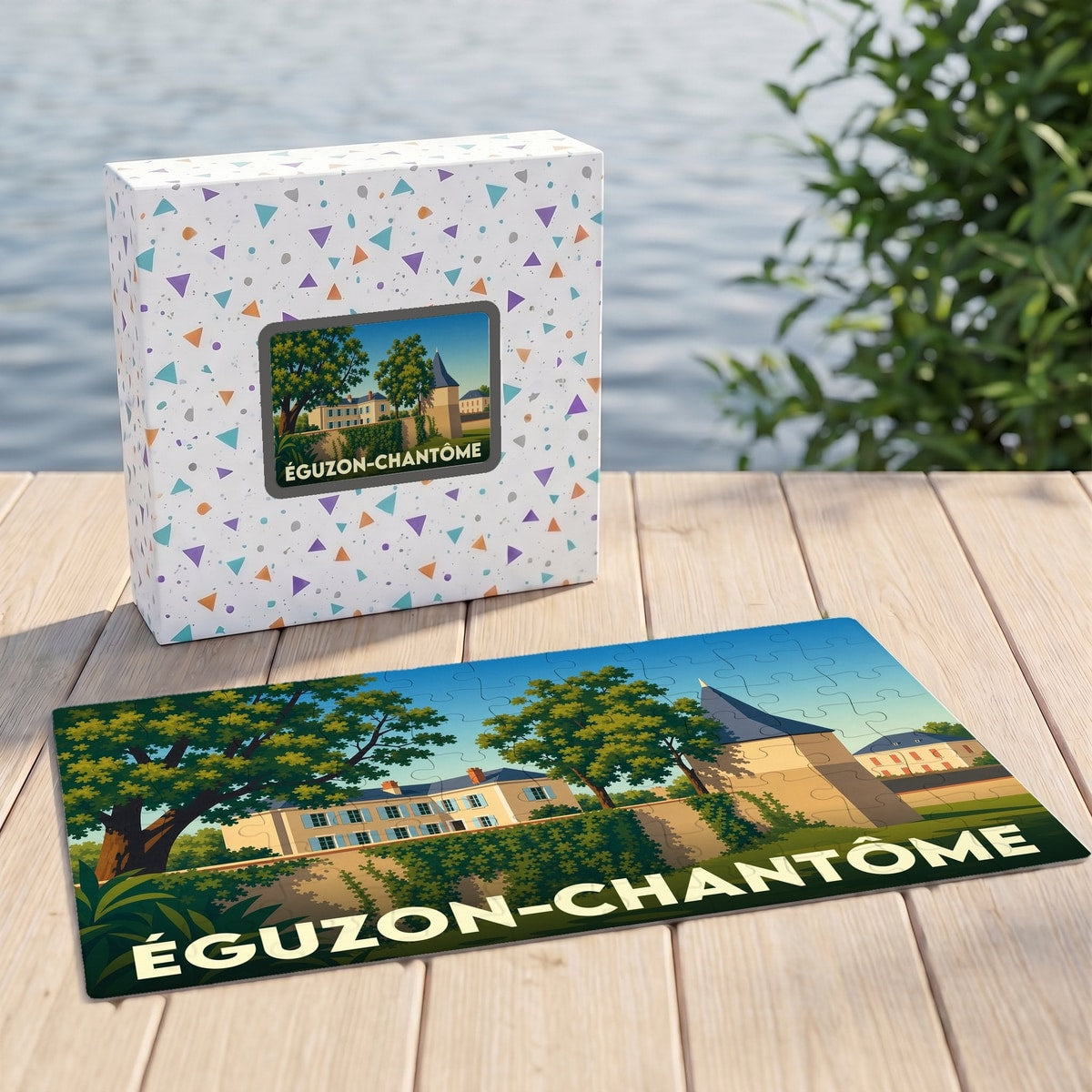 Puzzle souvenir de la ville de Éguzon-Chantôme avec une illustration stylisée de son patrimoine architectural.