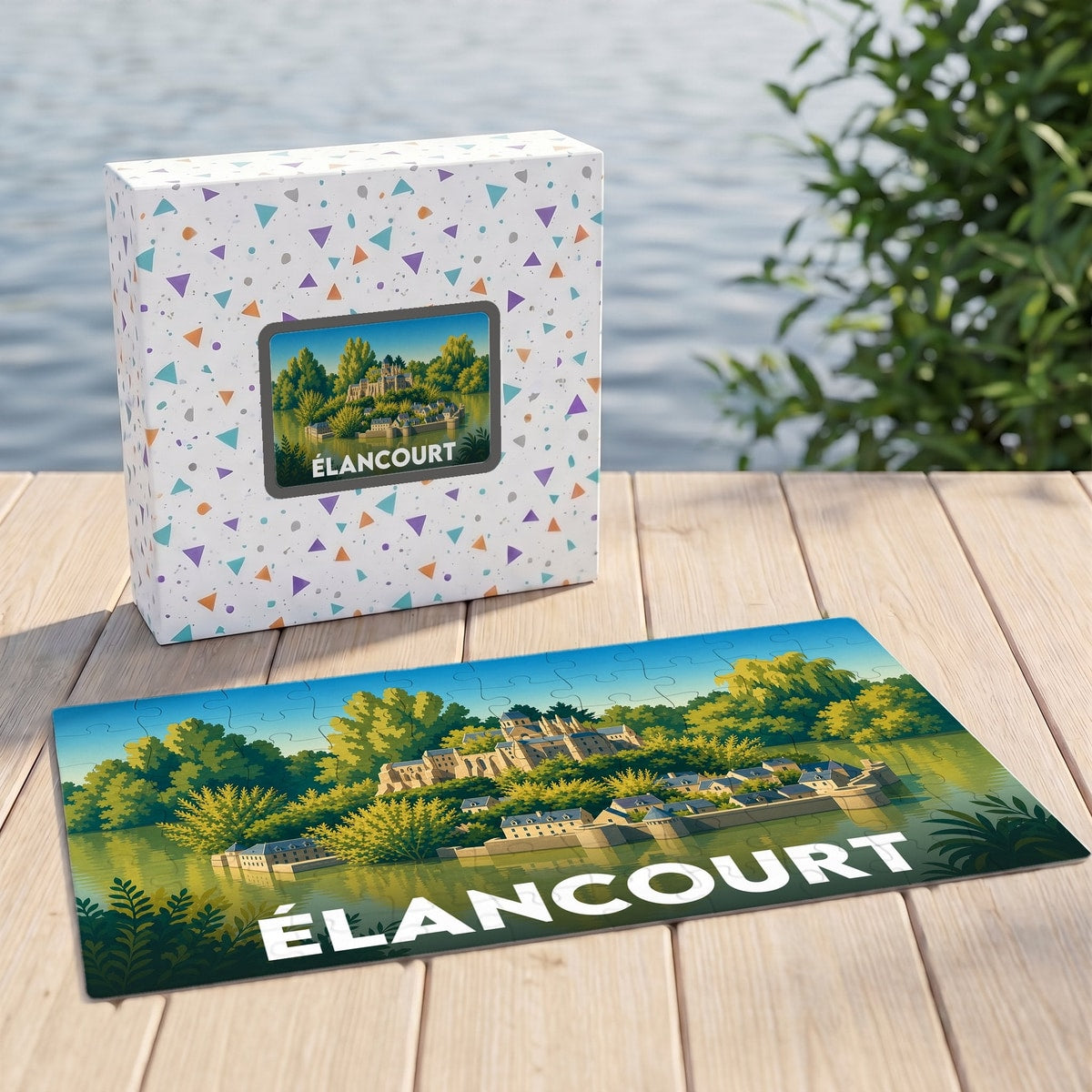 Puzzle souvenir de la ville de Élancourt représentant une illustration stylisée d'un château au bord de l'eau.