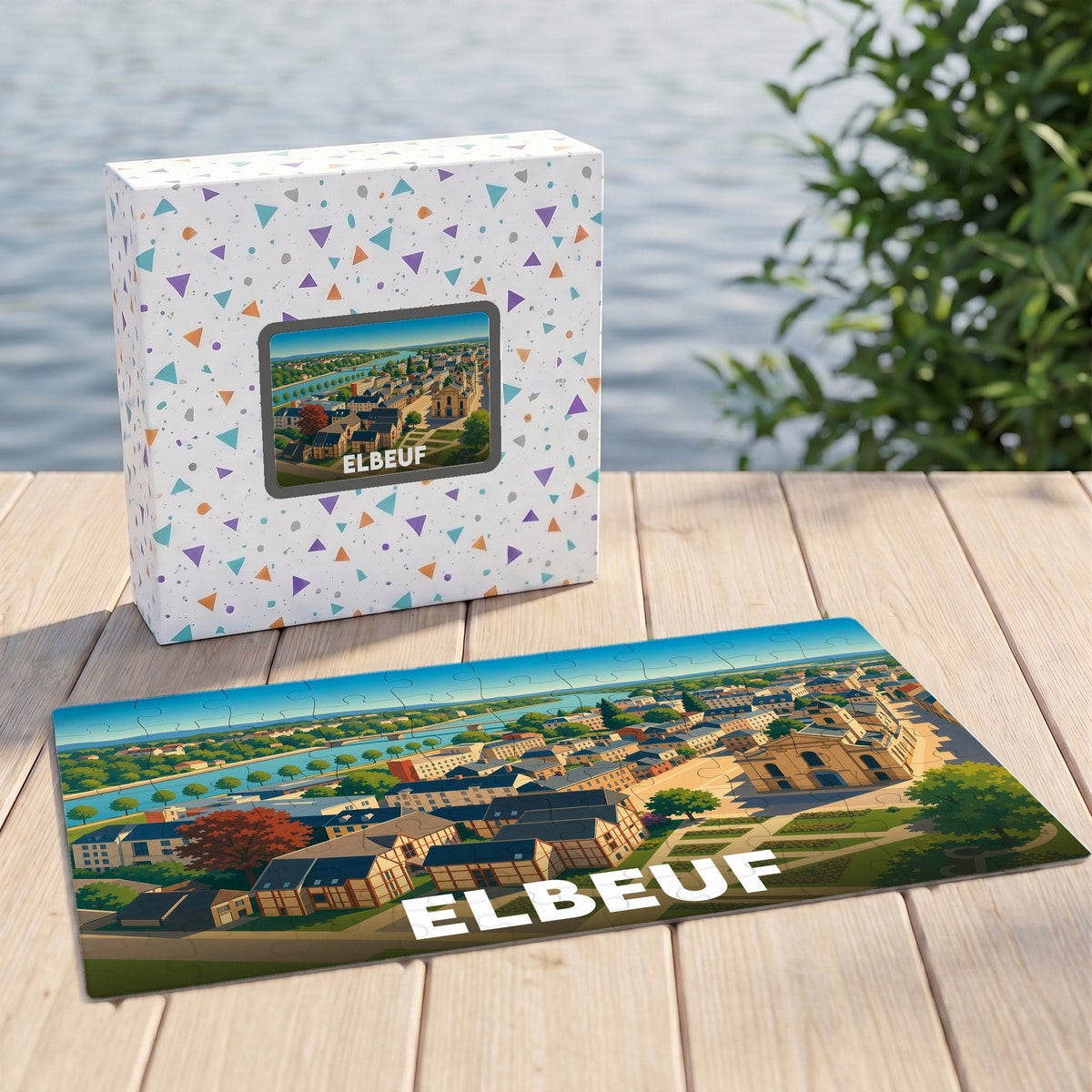Puzzle souvenir de la ville d'Elbeuf représentant une vue panoramique illustrée de la commune.