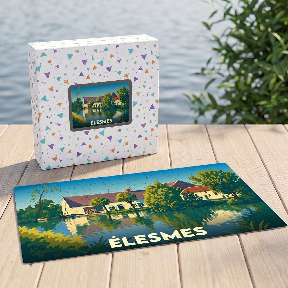 Puzzle souvenir de la ville d'Élesmes représentant une illustration stylisée de maisons au bord de l'eau.