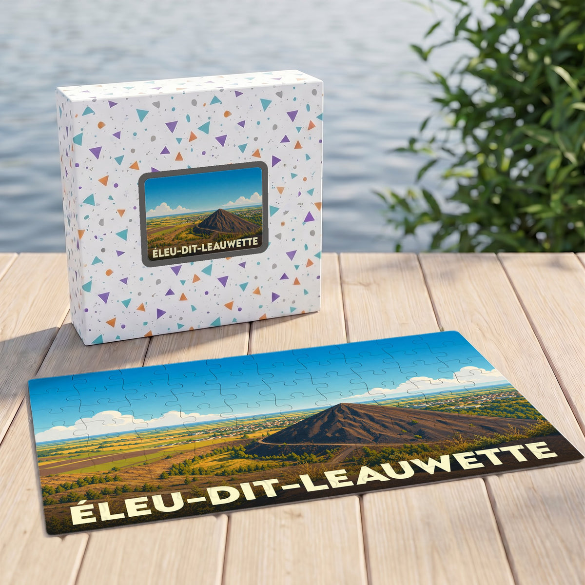 Puzzle souvenir de la ville de Éleu-dit-Leauwette avec une illustration stylisée d'un terril et de son paysage.