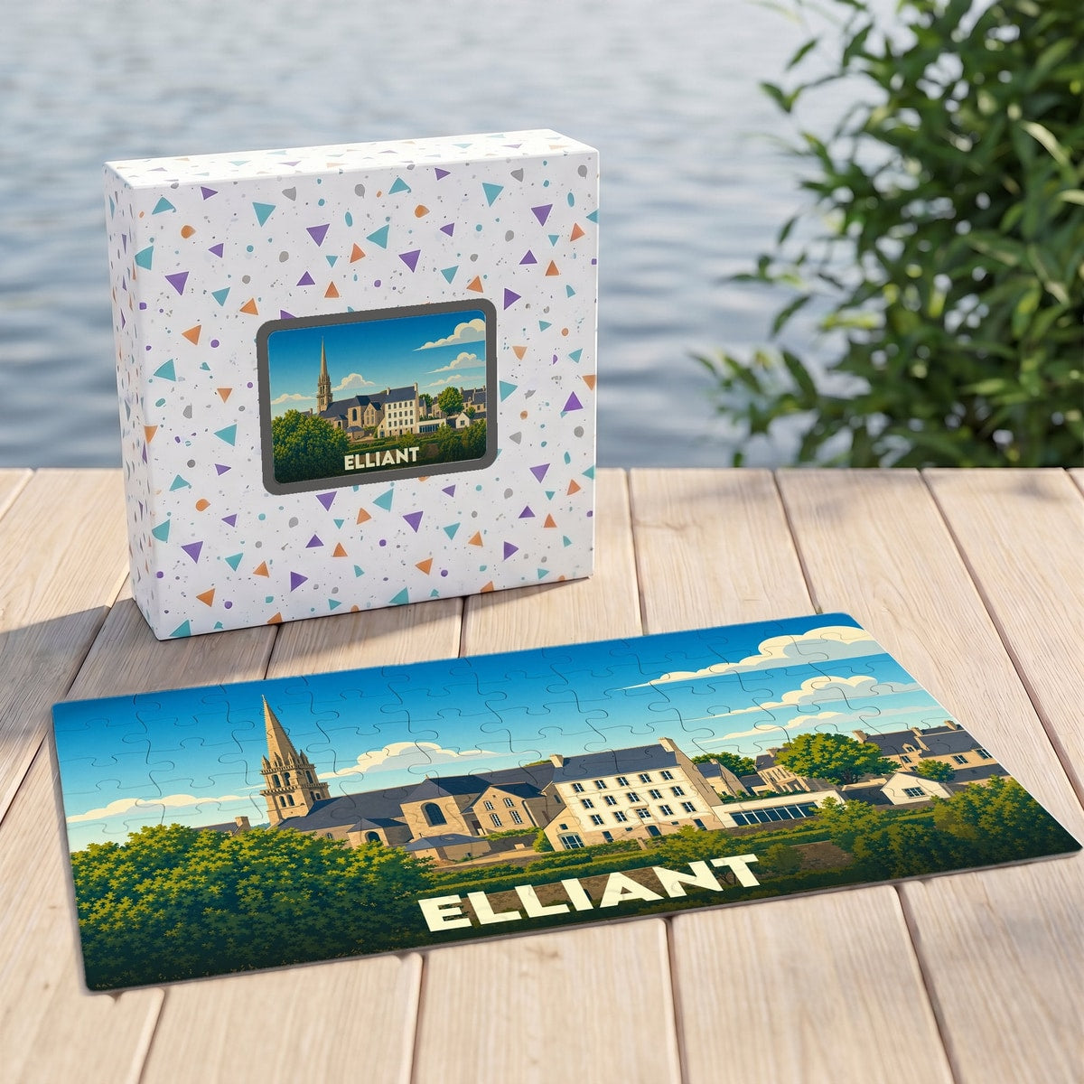 Puzzle souvenir de la ville d'Elliant avec une illustration stylisée de son église et de ses bâtiments.
