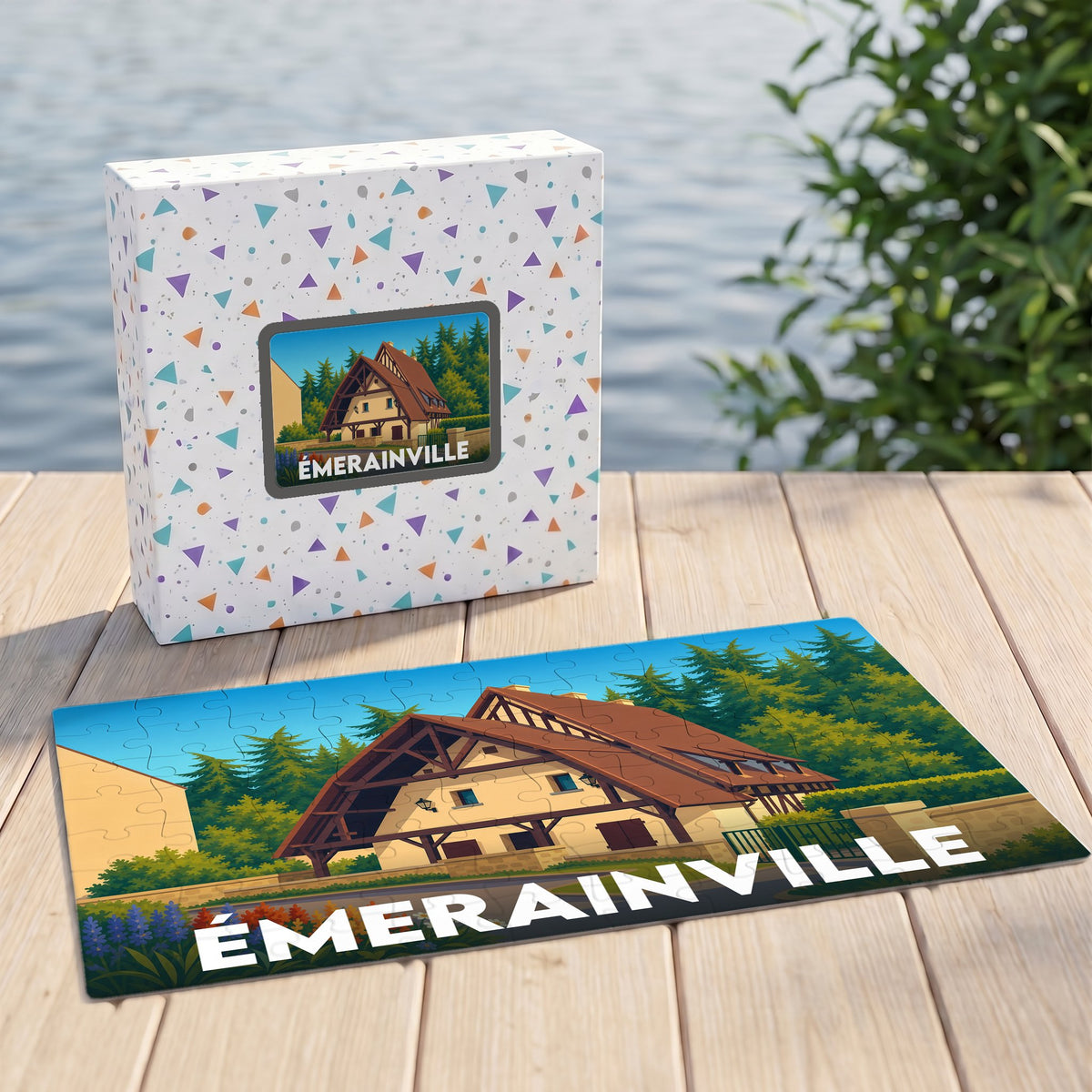 Puzzle souvenir de la ville d'Émerainville avec une illustration stylisée d'une maison traditionnelle.