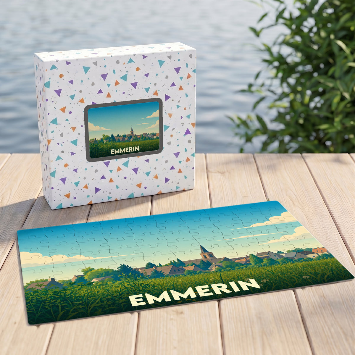 Puzzle souvenir de la ville d'Emmerin avec une illustration stylisée et colorée.