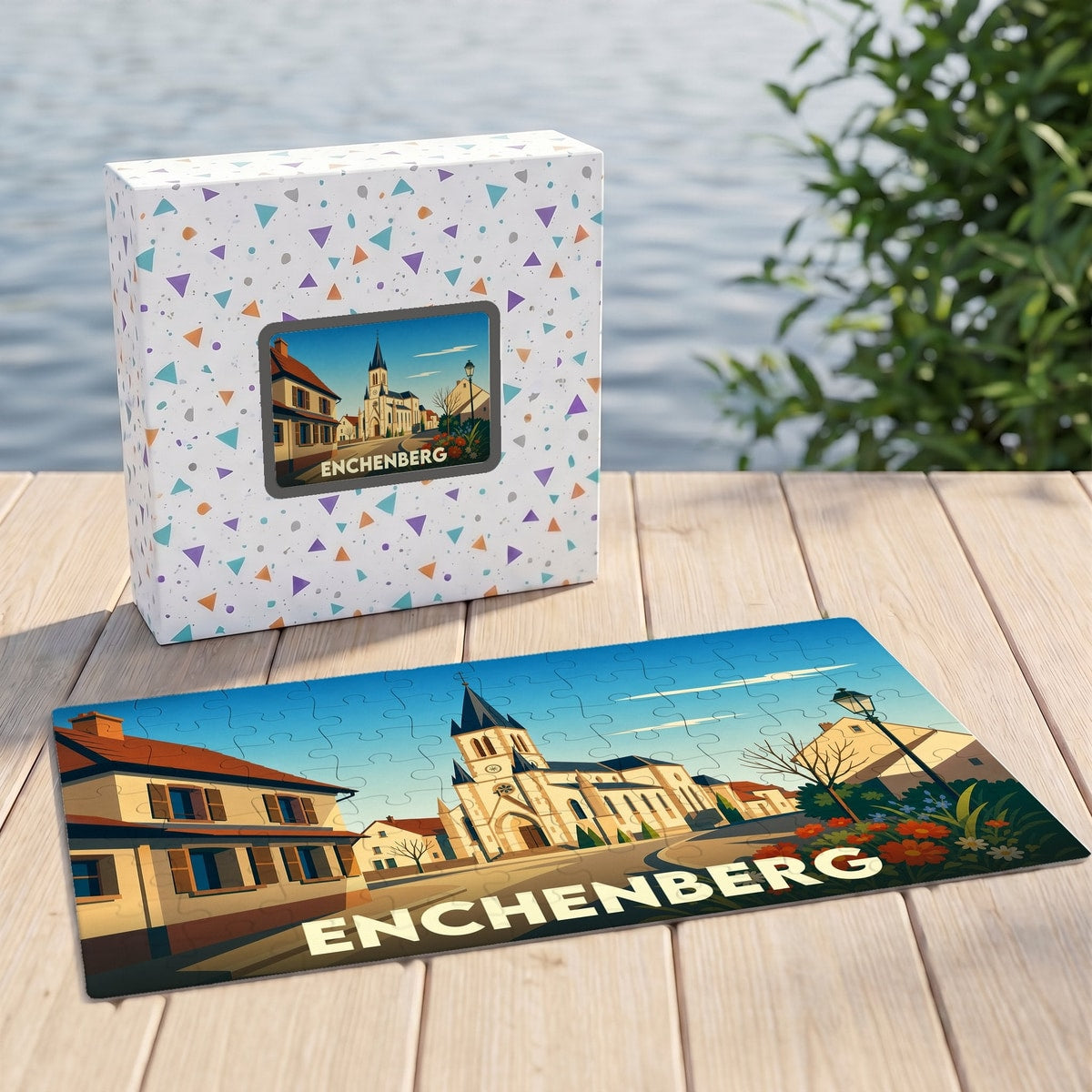 Puzzle souvenir de la ville d'Enchenberg avec une illustration stylisée et colorée de son église.