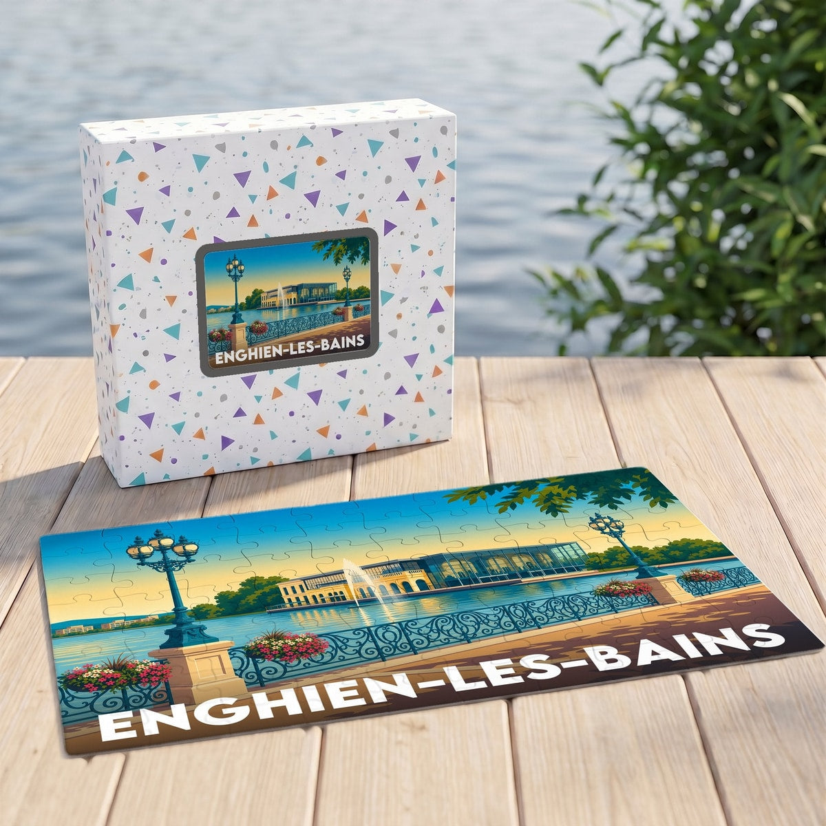 Puzzle souvenir de la ville d'Enghien-les-Bains avec une illustration stylisée de son lac et de son casino.