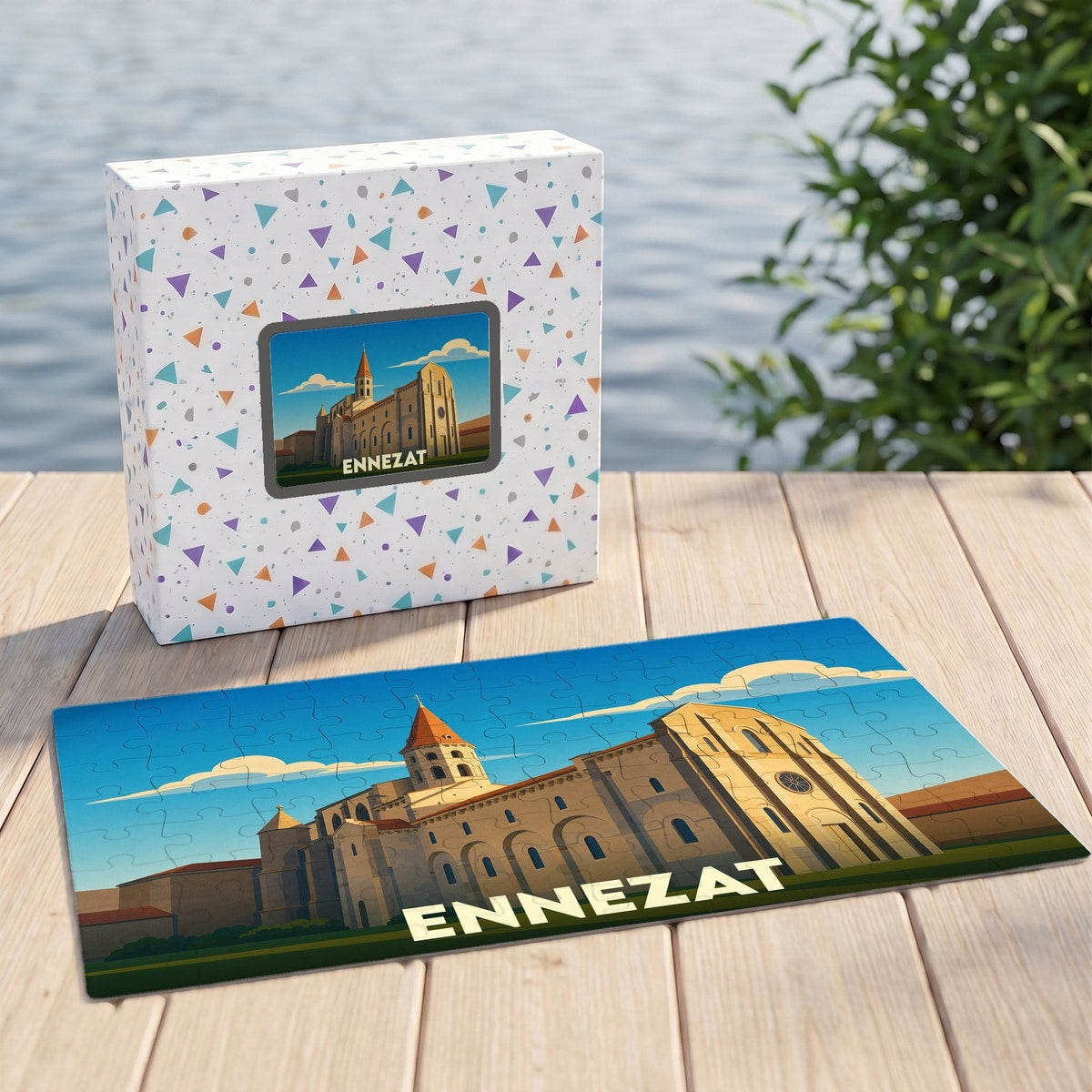 Puzzle souvenir de la ville d'Ennezat avec une illustration stylisée de sa collégiale.