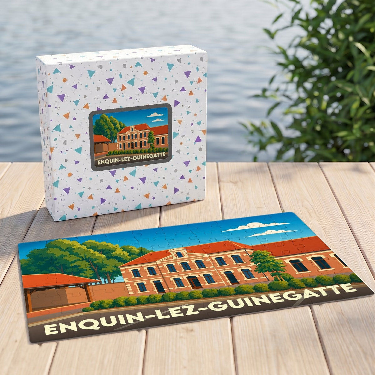 Puzzle souvenir de la ville d'Enquin-lez-Guinegatte avec une illustration stylisée d'un bâtiment remarquable.