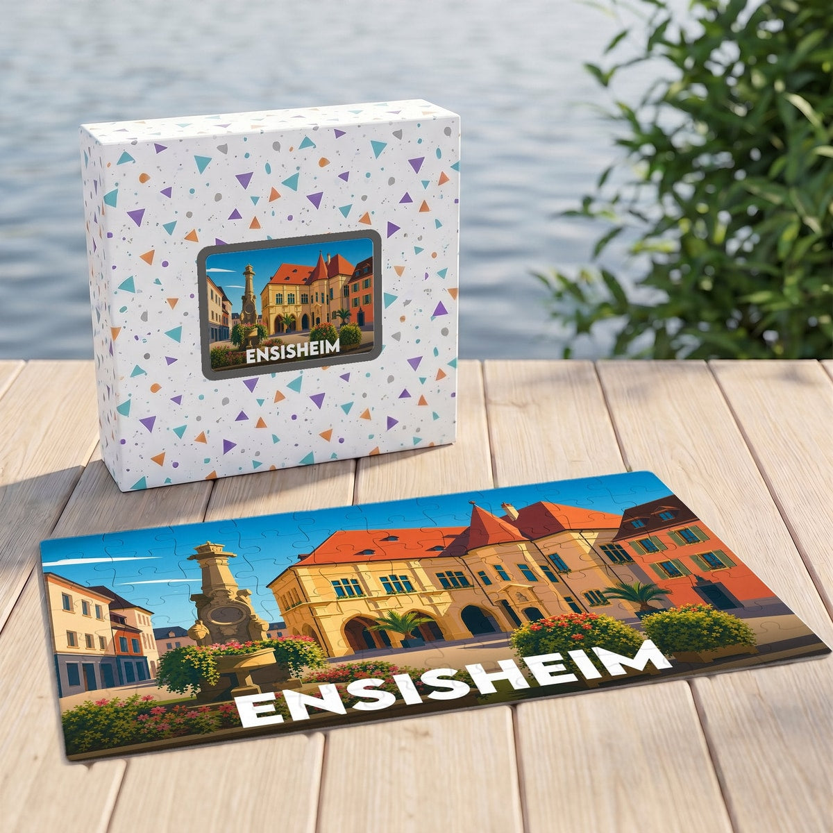 Puzzle souvenir de la ville d'Ensisheim avec une illustration stylisée et colorée de son architecture.