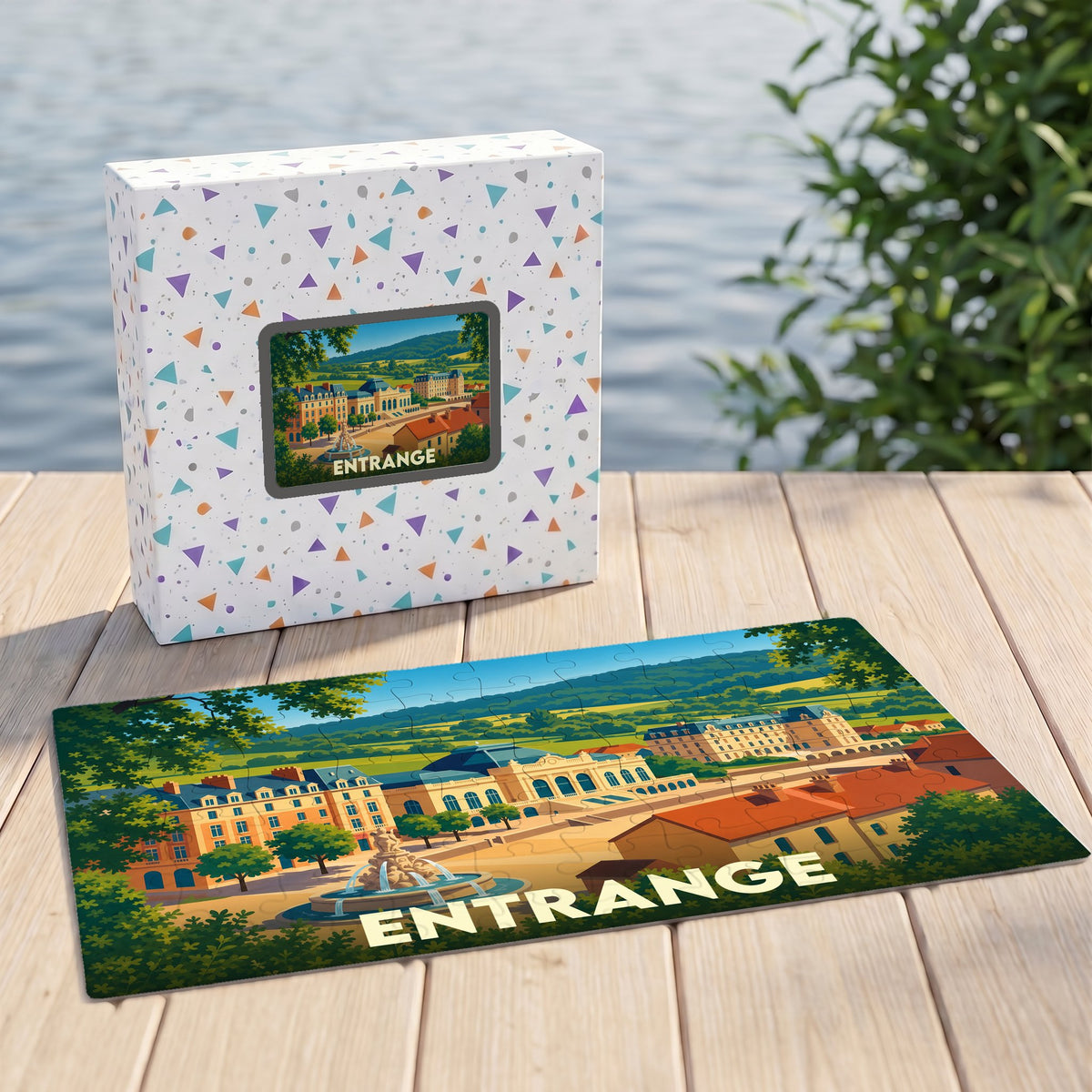Puzzle souvenir de la ville d'Entrange illustré d'un paysage urbain stylisé.