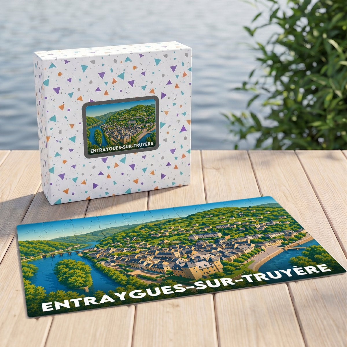 Puzzle souvenir de la ville de Entraygues-sur-Truyère avec une illustration stylisée.