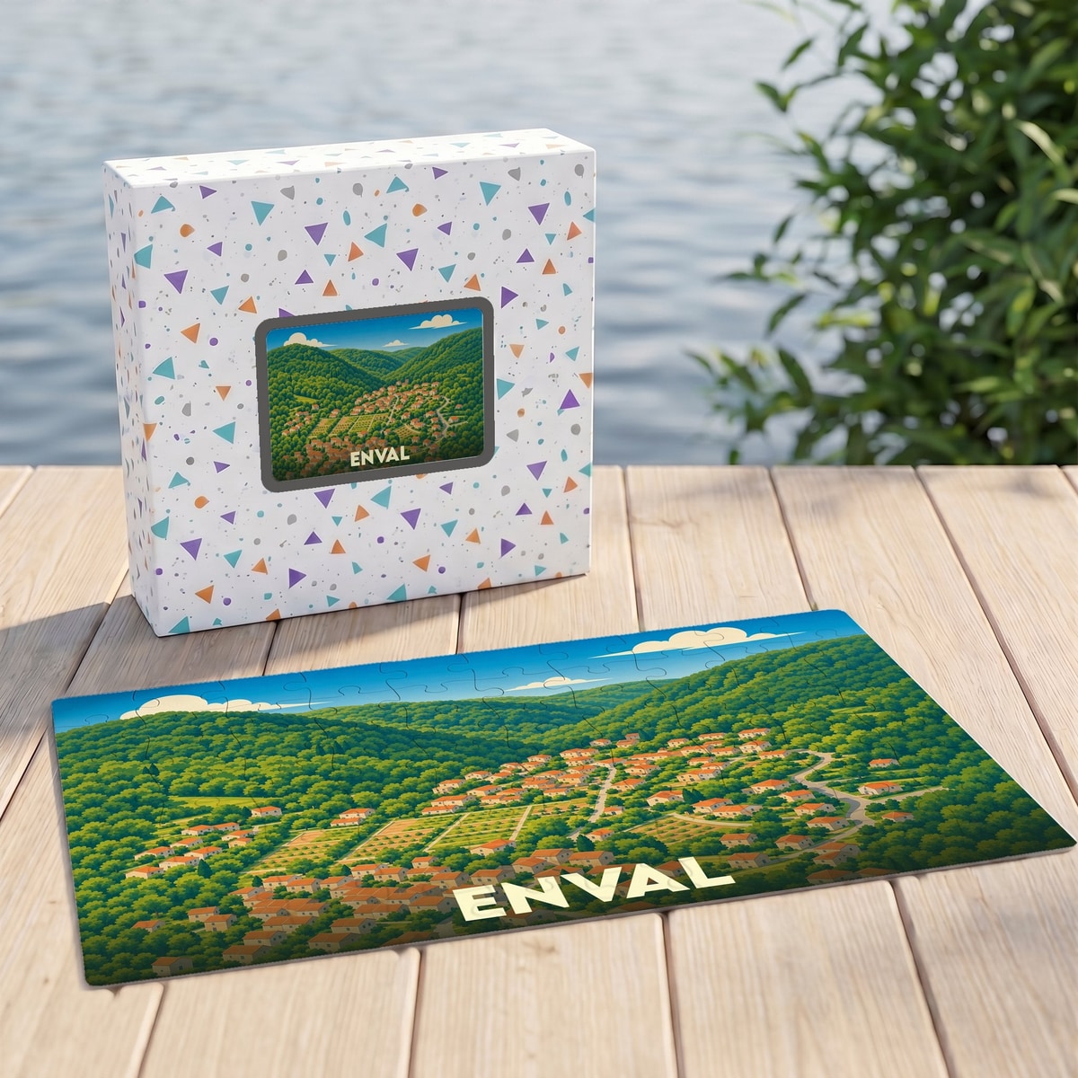 Puzzle souvenir de la ville de Enval représentant un paysage vallonné et boisé avec ses habitations.