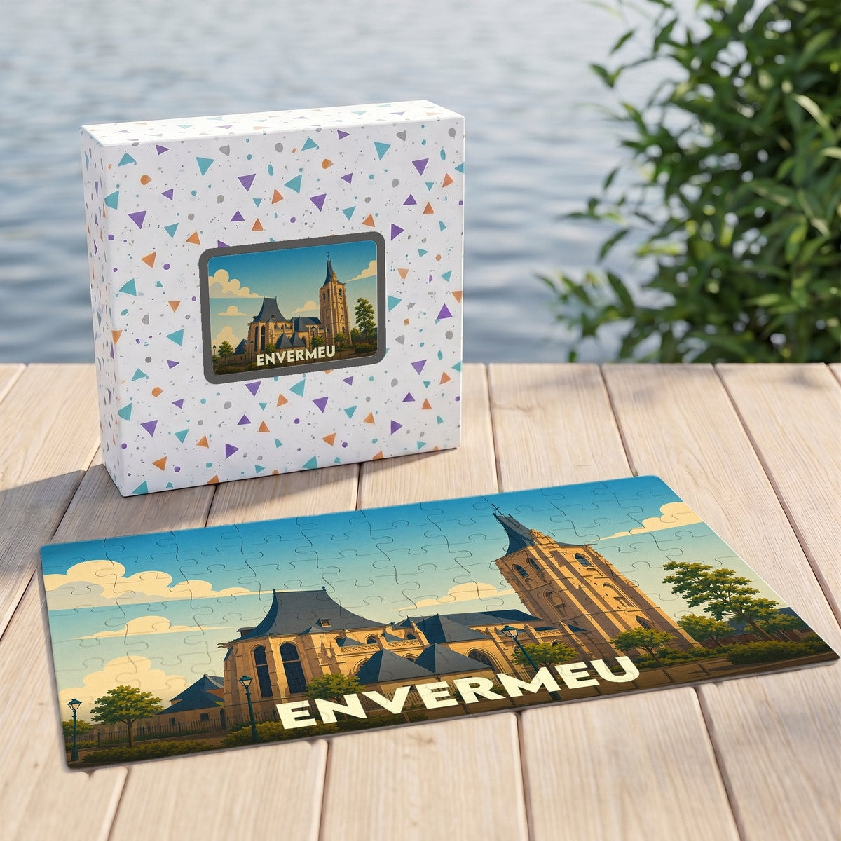 Puzzle souvenir de la ville de Envermeu avec une illustration stylisée.