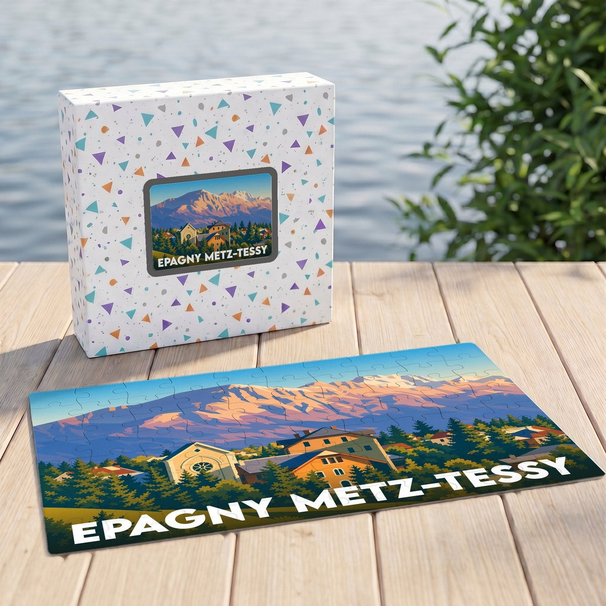 Puzzle souvenir de la ville d'Epagny Metz-Tessy avec une illustration de style vintage représentant des montagnes et des maisons.