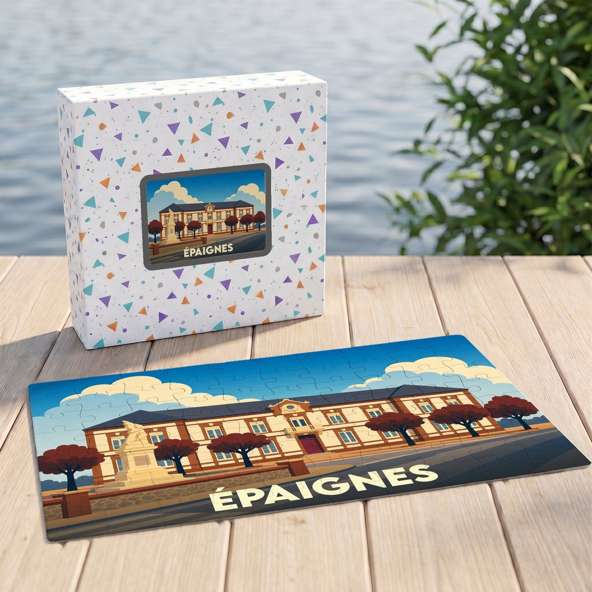 Puzzle souvenir de la ville d'Épaignes avec une illustration stylisée d'un bâtiment communal.