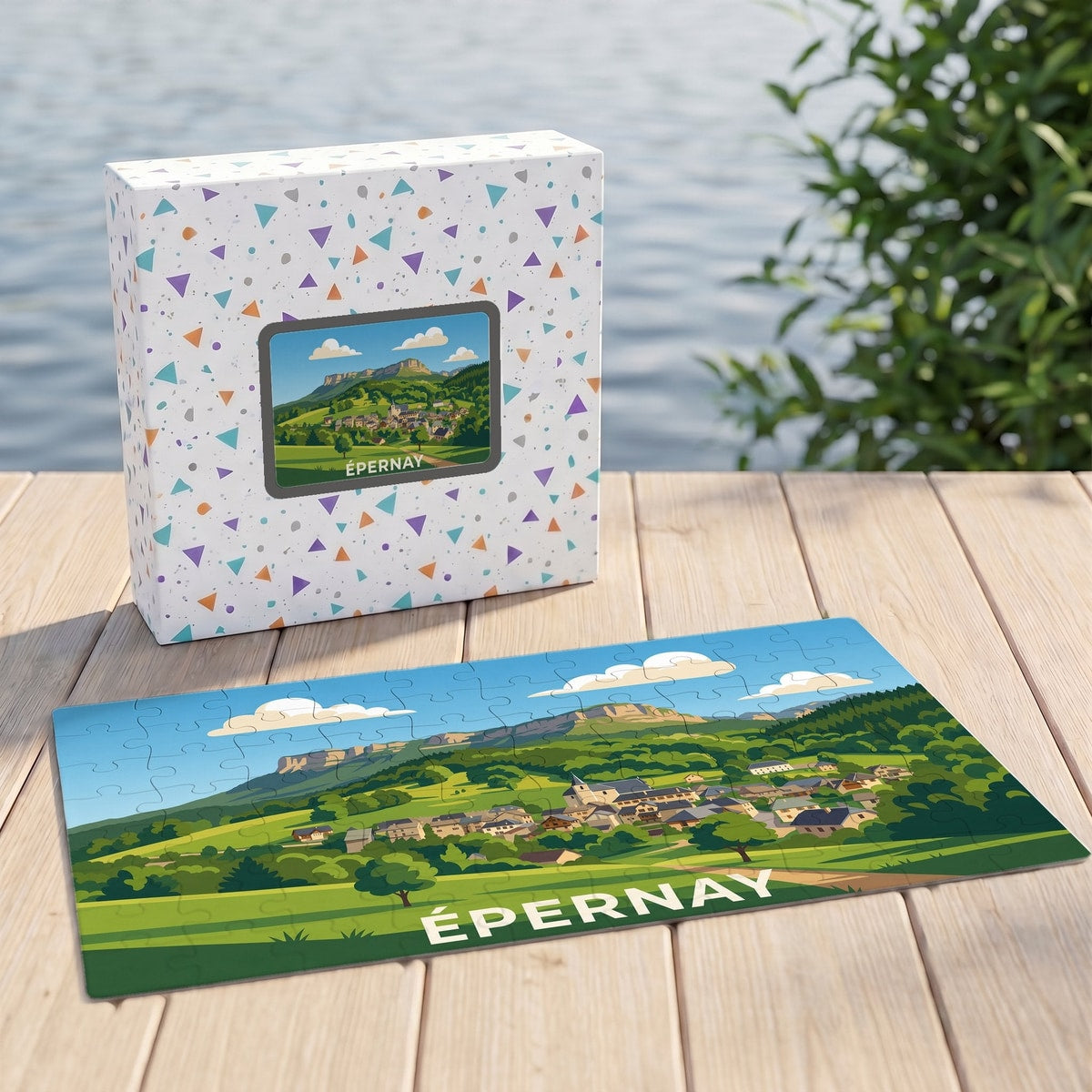 Puzzle souvenir de la ville d'Épernay avec une illustration stylisée d'un paysage de campagne.