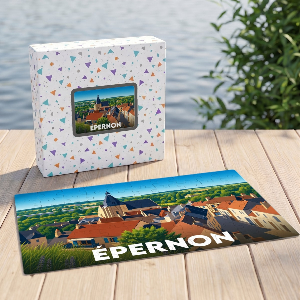 Puzzle souvenir de la ville d'Épernon présentant une illustration stylisée et colorée de ses toits et de son église.