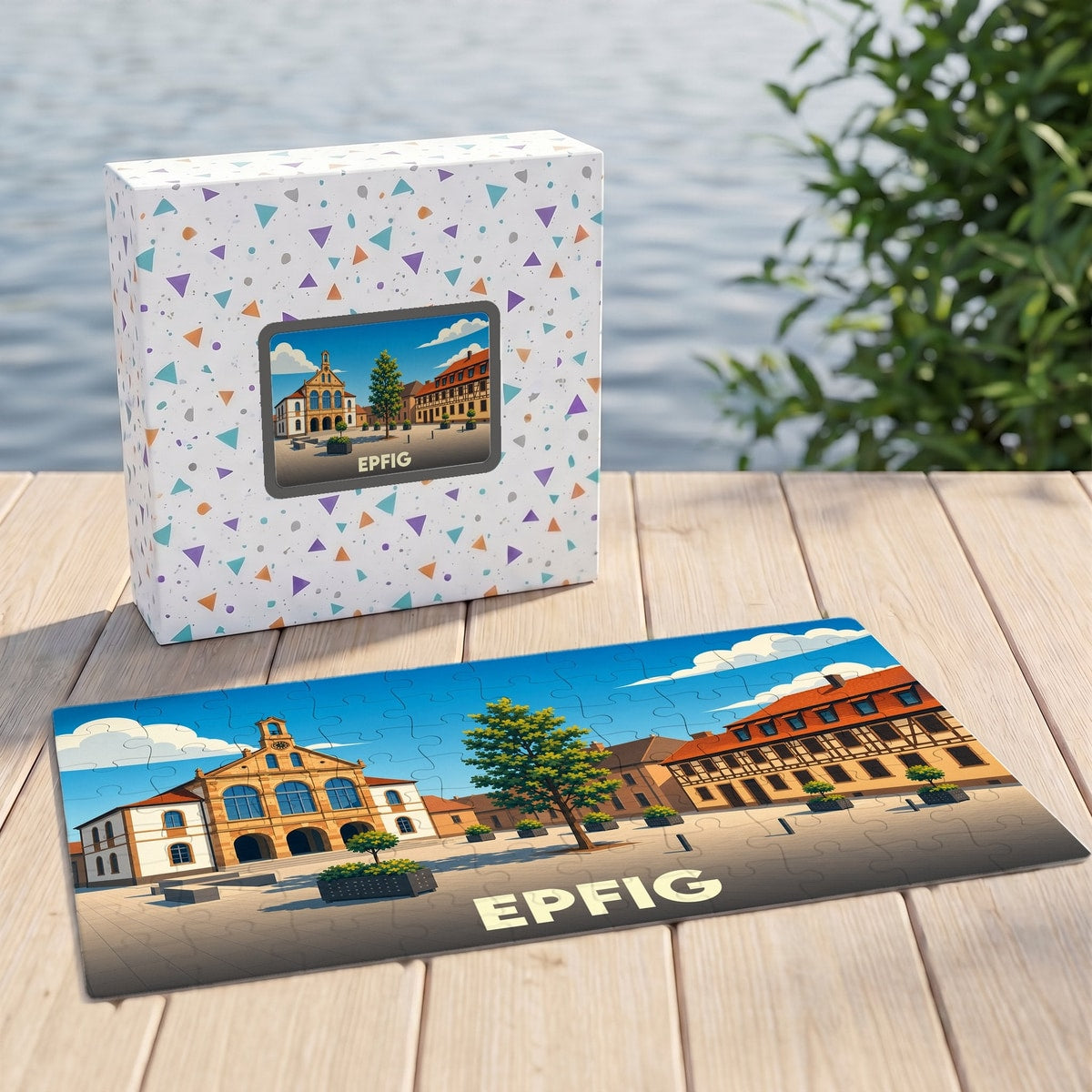 Puzzle souvenir de la ville d'Epfig avec une illustration stylisée de sa place principale.