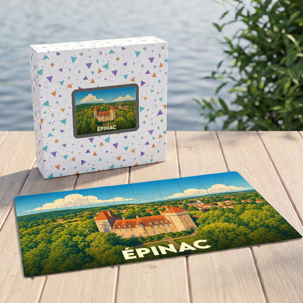 Puzzle souvenir de la ville d'Épinac présentant une illustration stylisée de son château et de ses paysages.