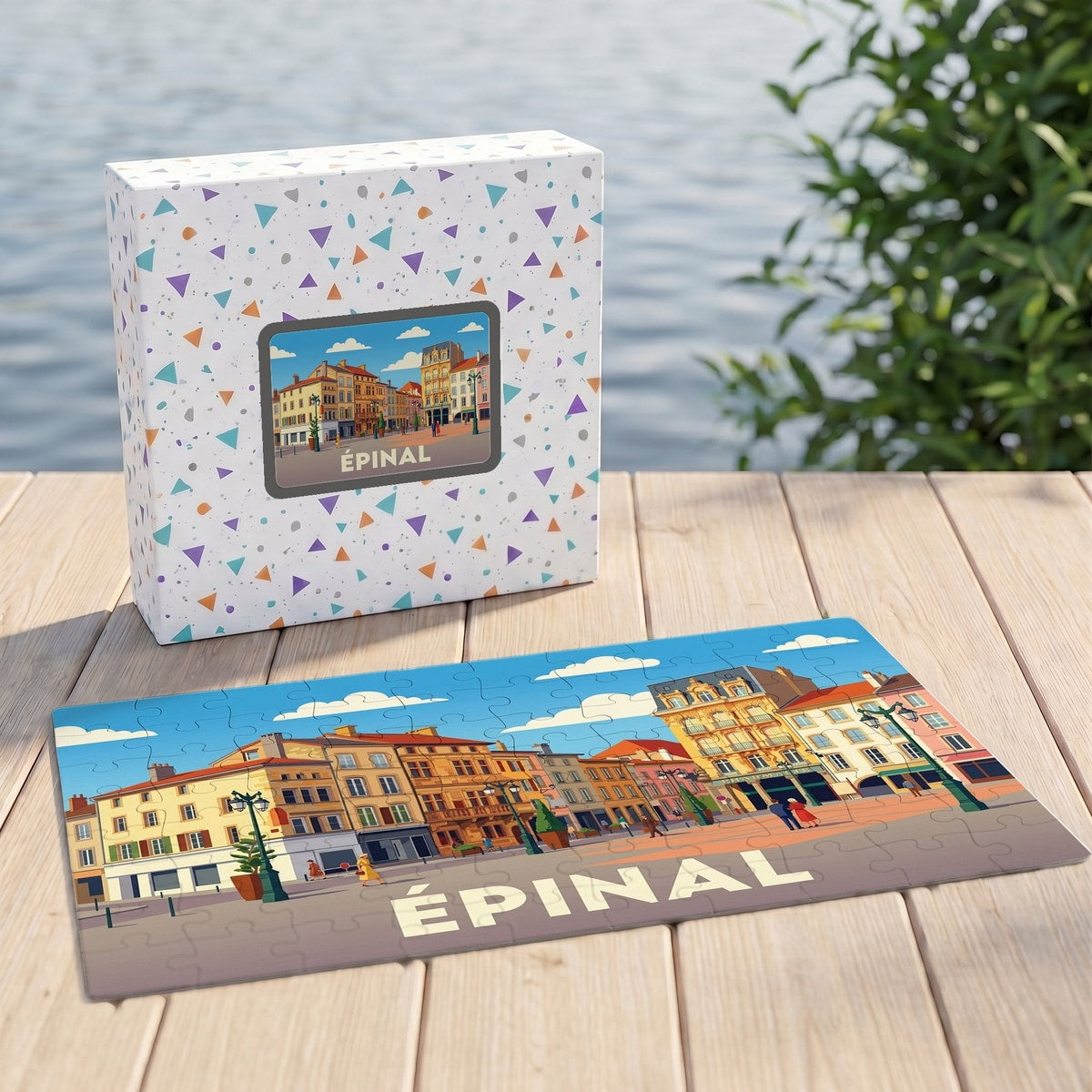 Puzzle souvenir de la ville d'Épinal avec une illustration colorée et stylisée de ses façades historiques.