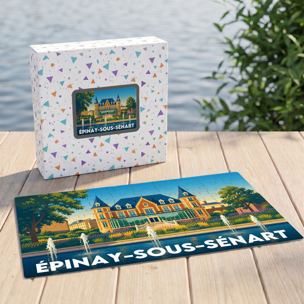 Puzzle souvenir de la ville d'Épinay-sous-Sénart avec une illustration stylisée d'un manoir et de jets d'eau.