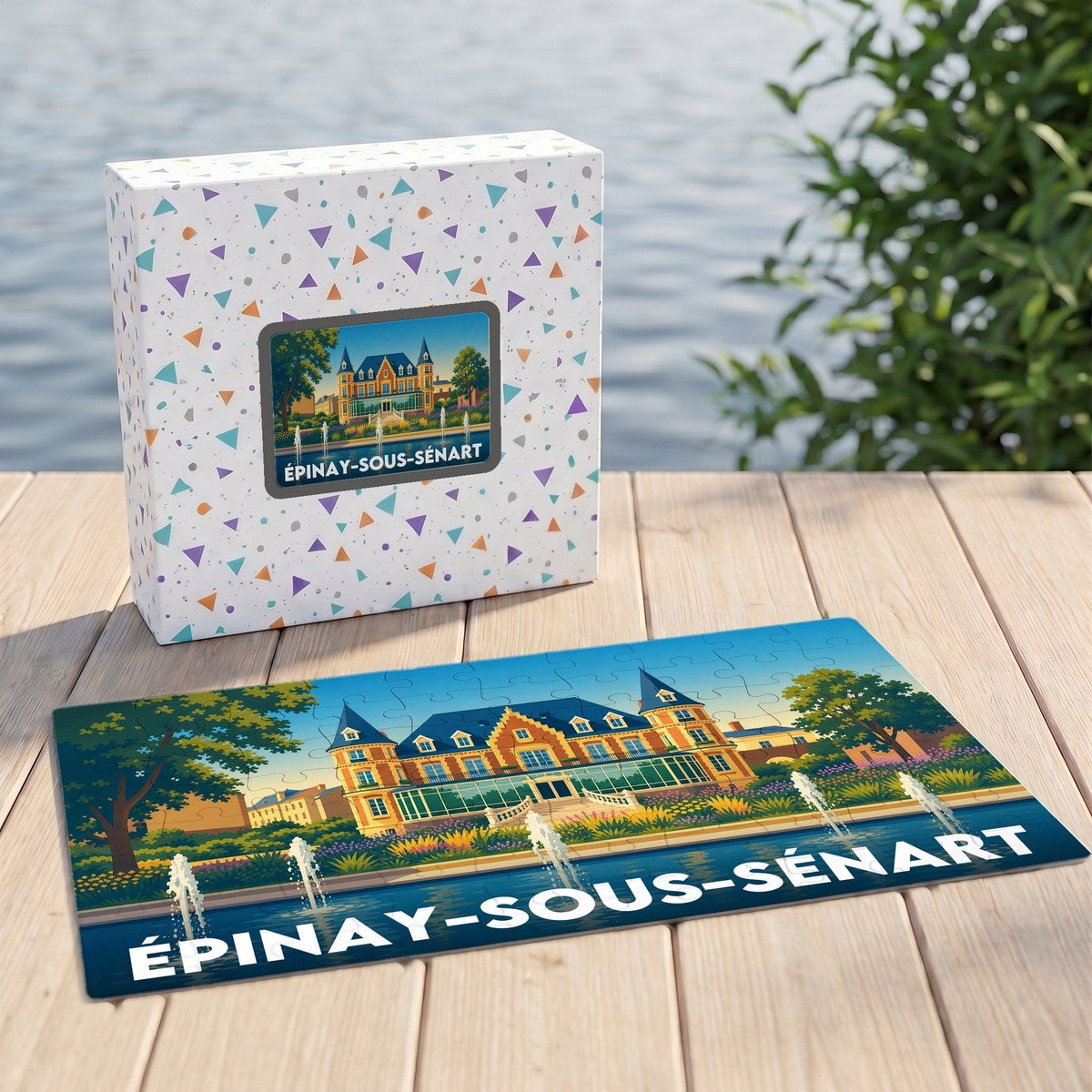 Puzzle souvenir de la ville d'Épinay-sous-Sénart avec une illustration stylisée d'un manoir et de jets d'eau.