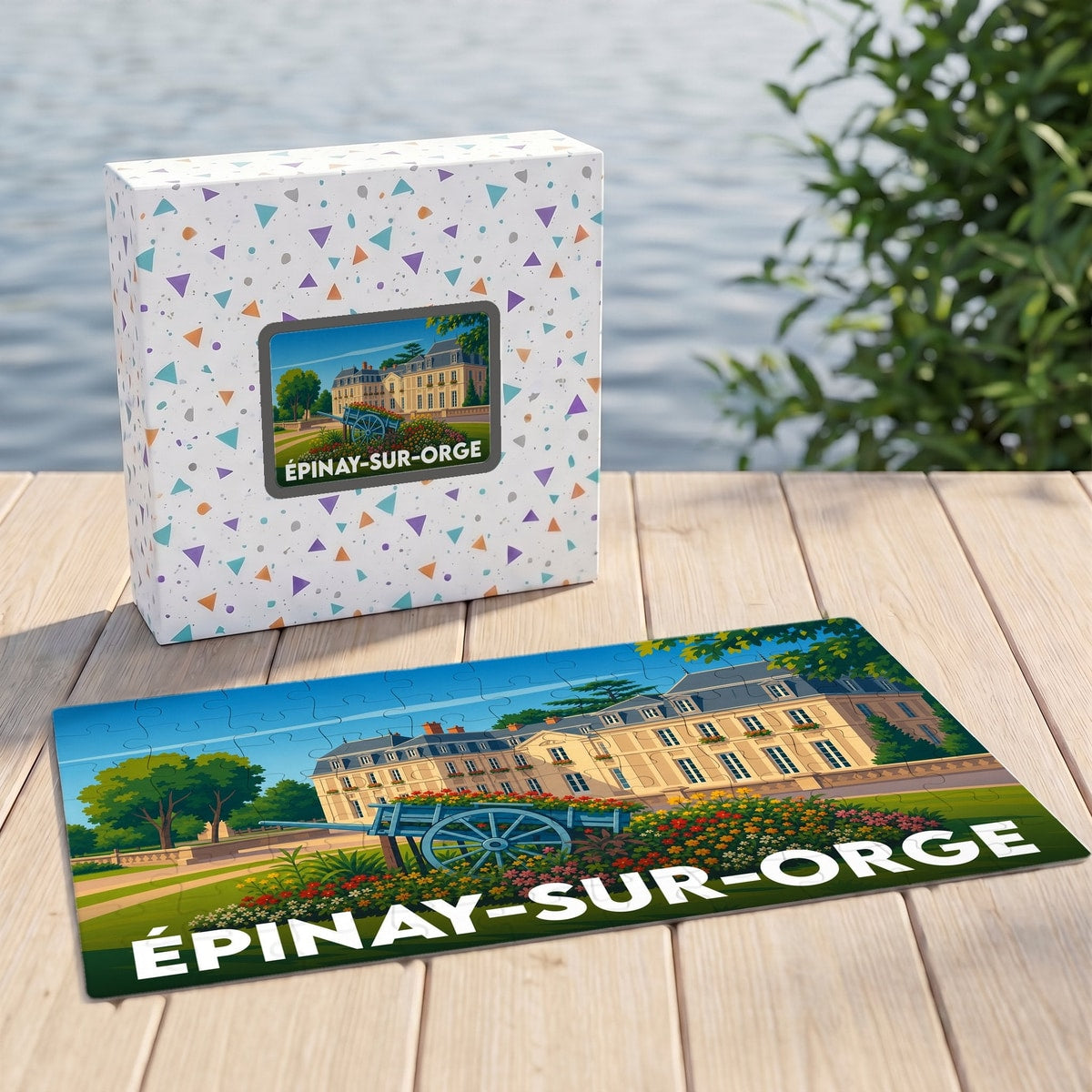 Puzzle souvenir de la ville d'Épinay-sur-Orge avec une illustration stylisée de son château et de ses jardins.