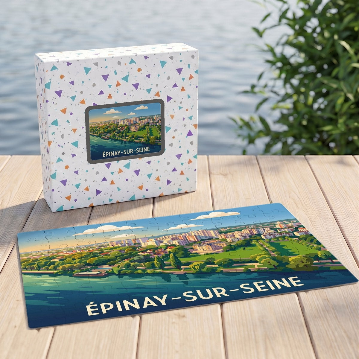 Puzzle souvenir de la ville d’Épinay-sur-Seine avec une illustration stylisée des bords de Seine.
