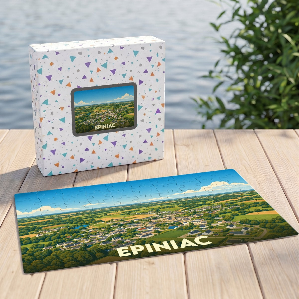 Puzzle souvenir de la ville d'Epiniac avec une illustration paysagère stylisée, présenté à côté de sa boîte.