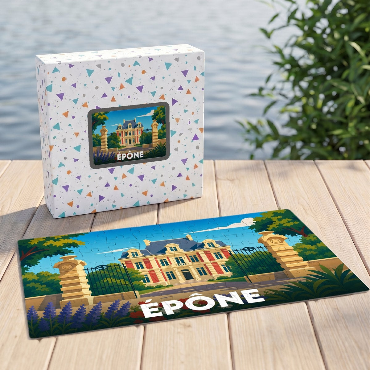 Puzzle souvenir de la ville d'Épône représentant une illustration stylisée d'un château.