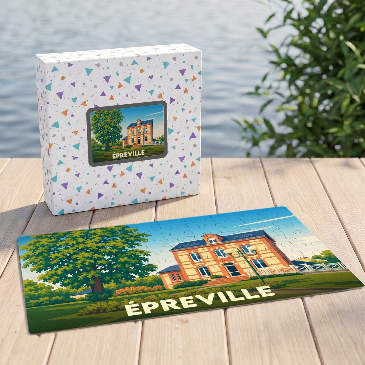 Puzzle souvenir de la ville de Épreville avec une illustration stylisée d'une demeure bourgeoise.