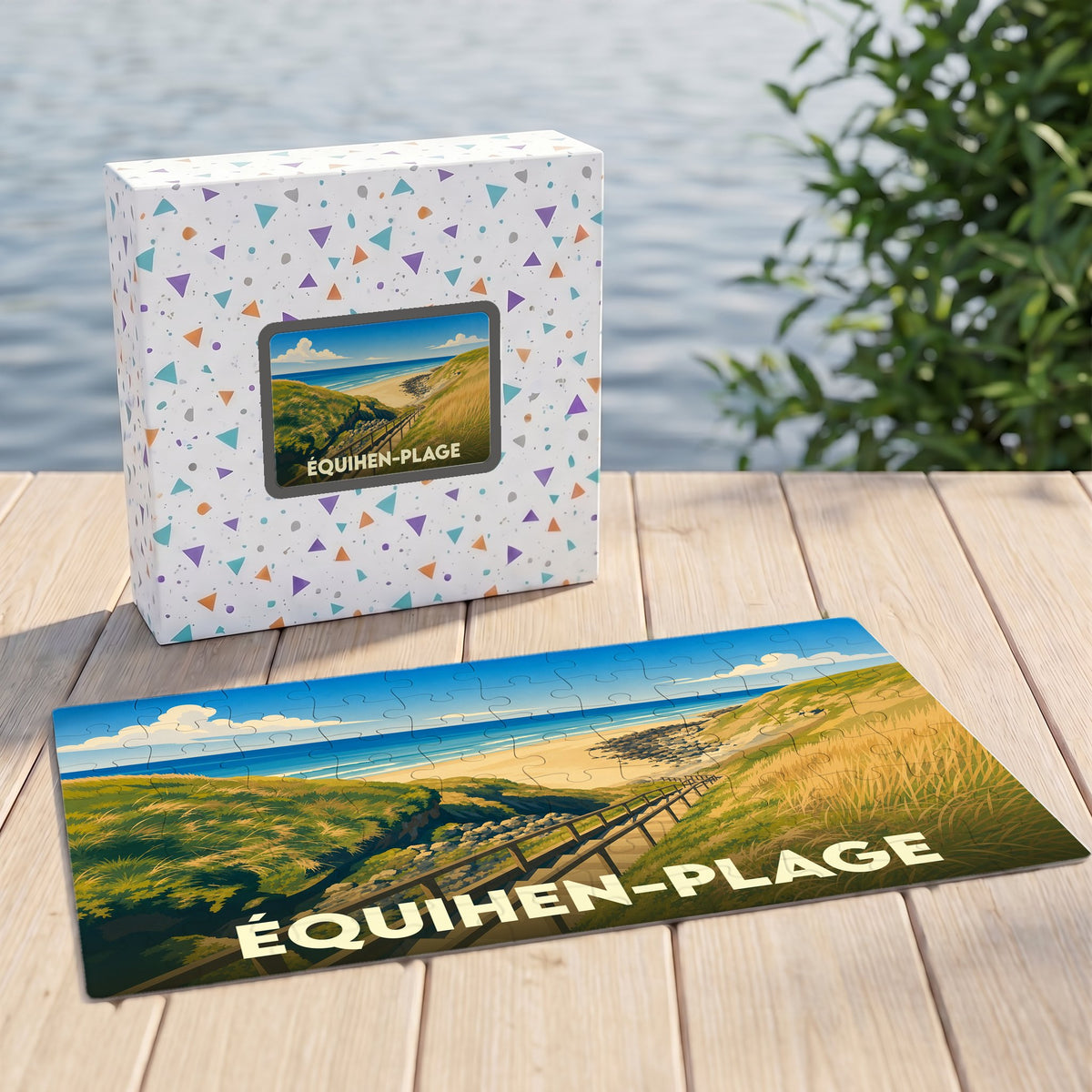 Puzzle souvenir de la ville de Équihen-Plage avec une illustration stylisée d'un paysage de dunes.