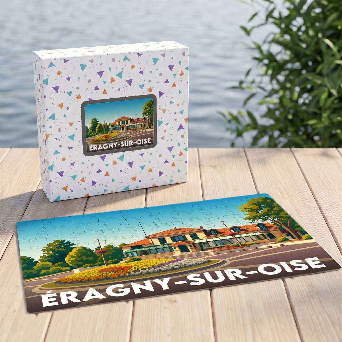 Puzzle souvenir de la ville d'Éragny-sur-Oise avec une illustration stylisée de son paysage urbain.