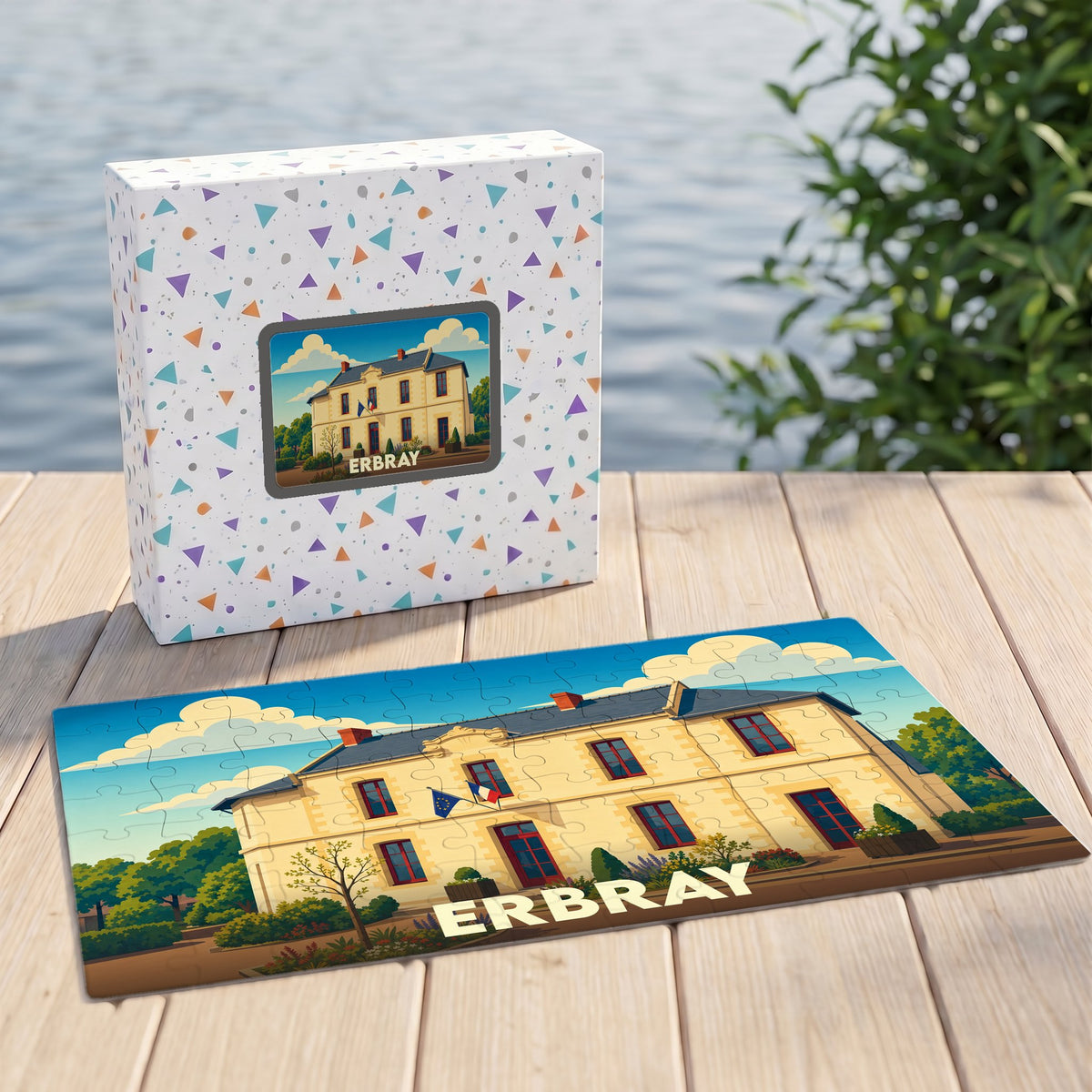 Puzzle souvenir de la ville d'Erbray illustré par un dessin stylisé de son hôtel de ville.