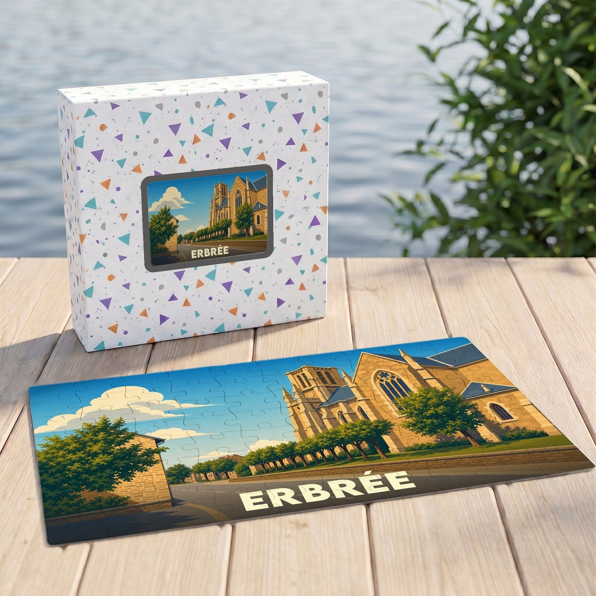 Puzzle souvenir de la ville d'Erbrée avec une illustration stylisée de son église.