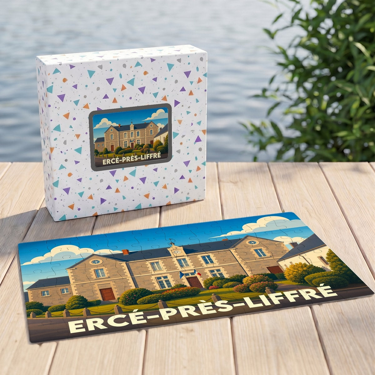 Puzzle souvenir de la ville d'Ercé-près-Liffré avec une illustration stylisée de sa mairie.