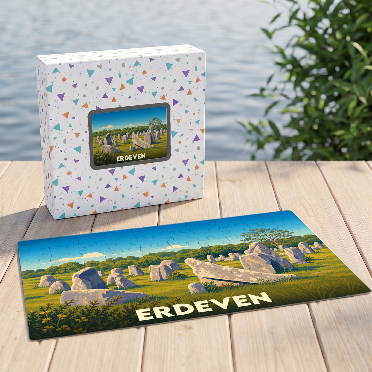 Puzzle souvenir de la ville d'Erdeven illustrant ses célèbres alignements de menhirs dans un style graphique épuré.