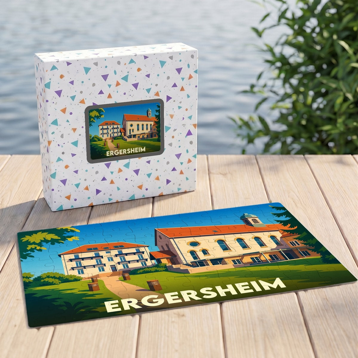 Puzzle souvenir de la ville d'Ergersheim illustré d'un paysage coloré et présenté avec sa boîte assortie.