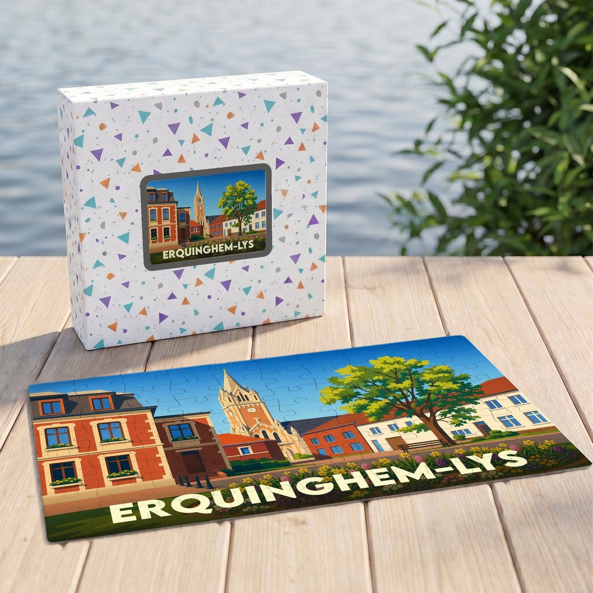 Puzzle souvenir de la ville d'Erquinghem-Lys avec une illustration stylisée et colorée de son architecture.