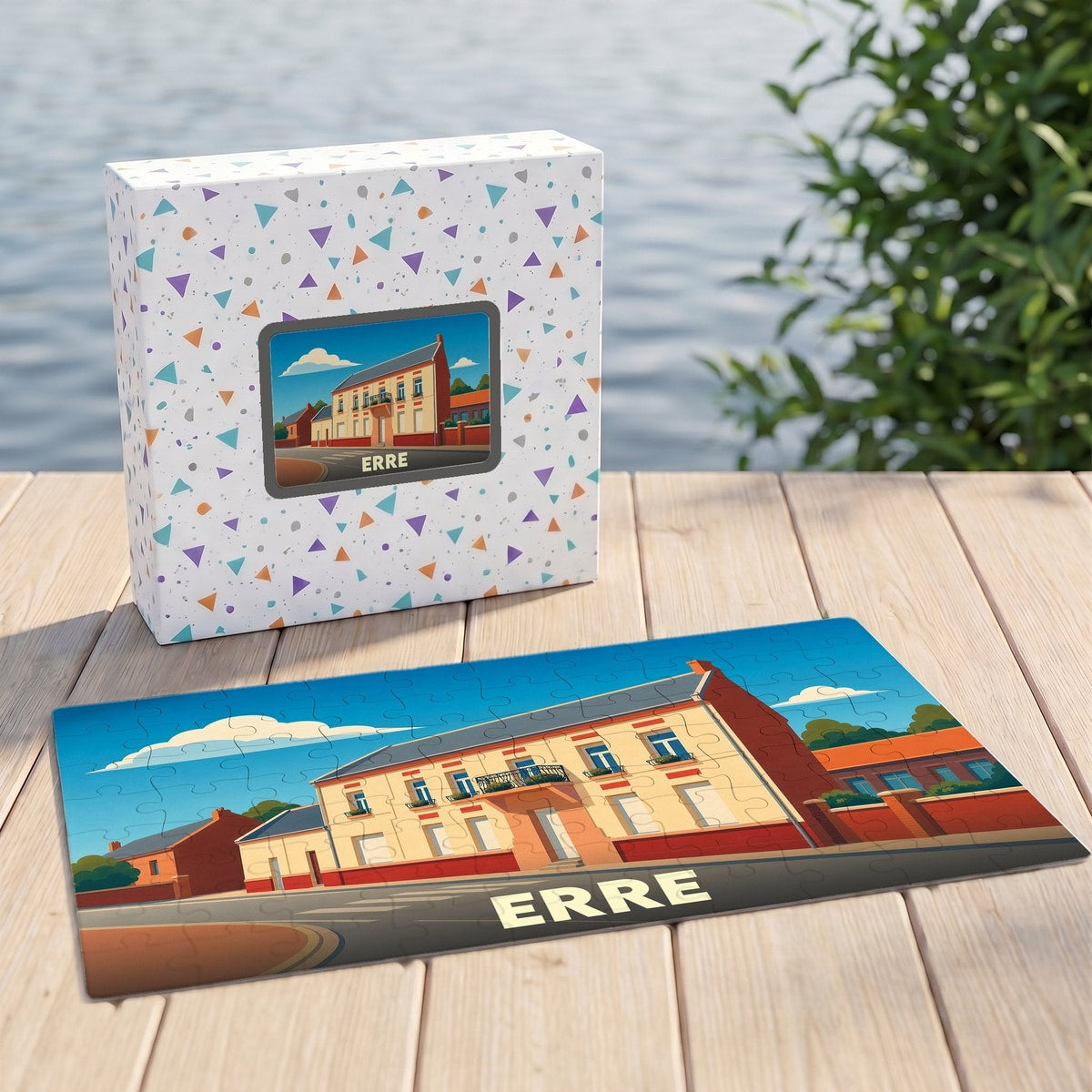 Puzzle souvenir de la ville d'Erre avec une illustration stylisée.