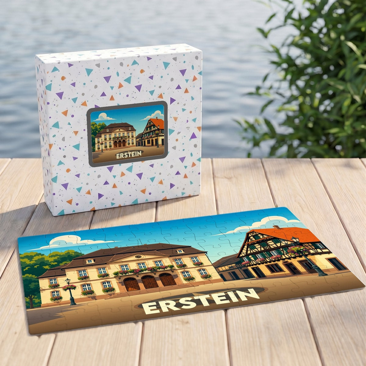 Puzzle souvenir de la ville d'Erstein avec son boîtier assorti, illustrant une scène urbaine stylisée.